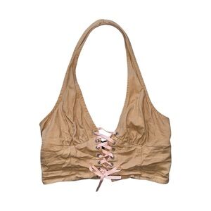 Tan and cream halter top with baby pink lace up front